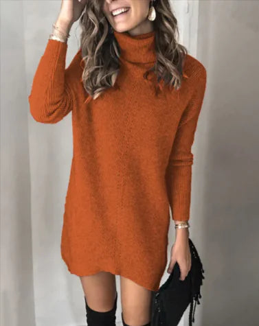 Hollow Knit Sweater Dress, Orange, long sleeves, mock neck