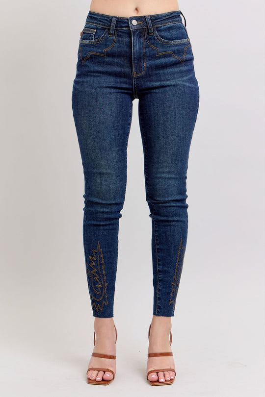 Dunkelblaue High-Rise Skinny-Jeans mit Stickerei am Beinabschluss