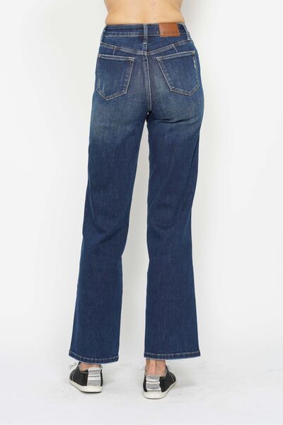 Dark wash high-waist jeans with back pockets and straight wide-leg fit