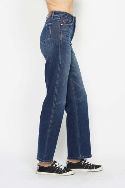 Dark wash high-waist tummy control jeans, side profile with relaxed straight fit