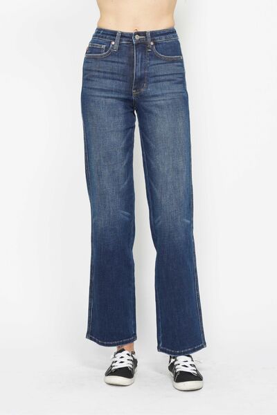 Dark high-waist tummy control jeans, straight legs, front button closure