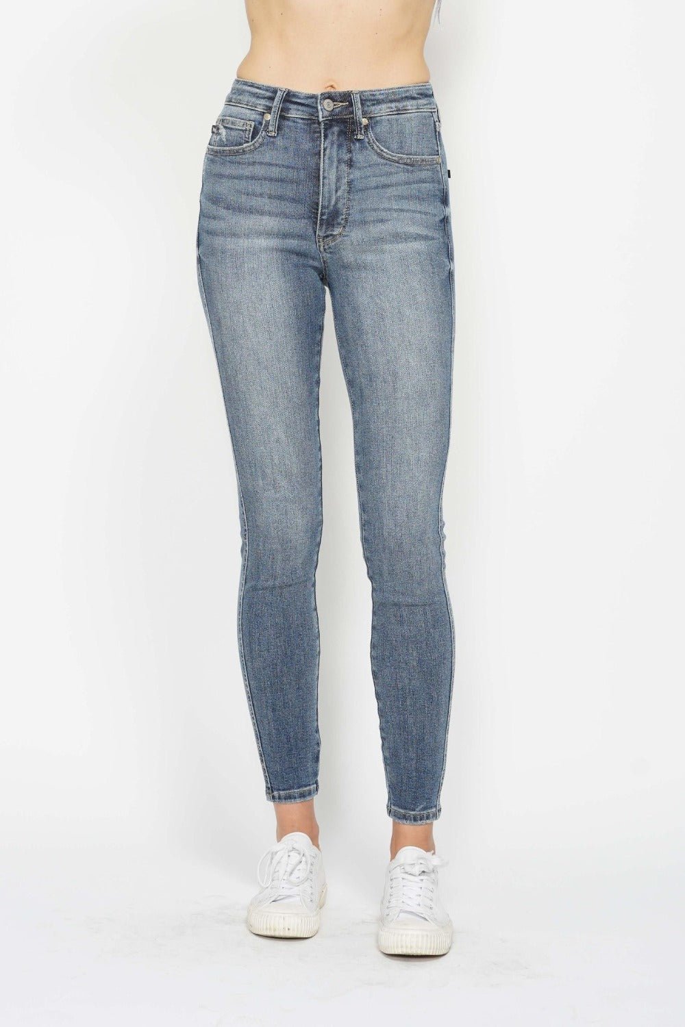 Medium wash skinny jeans with contrast wash, full-size fit