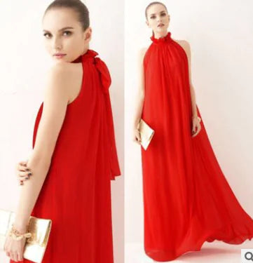 Bohemian halter neck maxi chiffon beach dress, deep red, tied shoulder detail