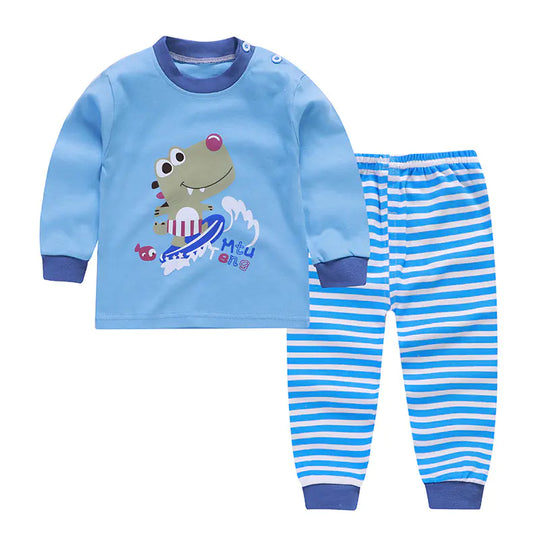 Boys cotton pajama set: light blue top with frog print and matching striped pant cuffs