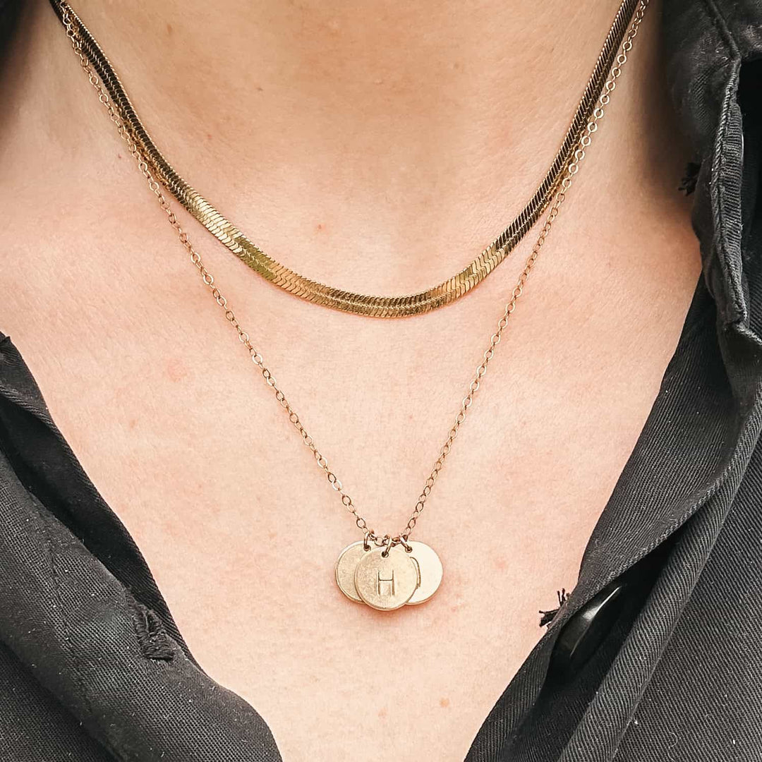 Sela Designs Kate Herringbone Chain Necklace with gold herringbone chain and round pendant