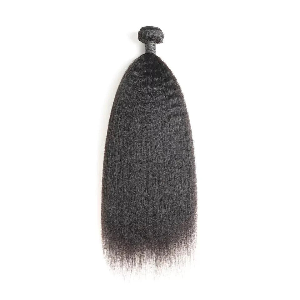 Kinky straight hair bundle, dark black color, one packaged weft with visible stitching