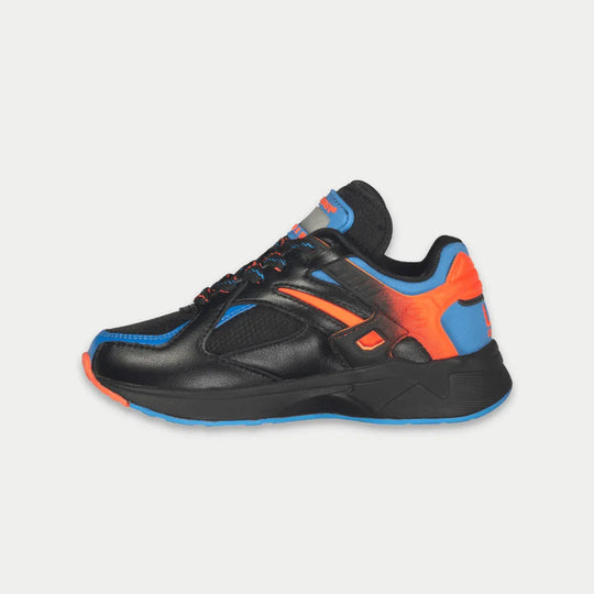 Side view kids black lowtop sneaker with blue stripes, orange overlays, and patterned laces