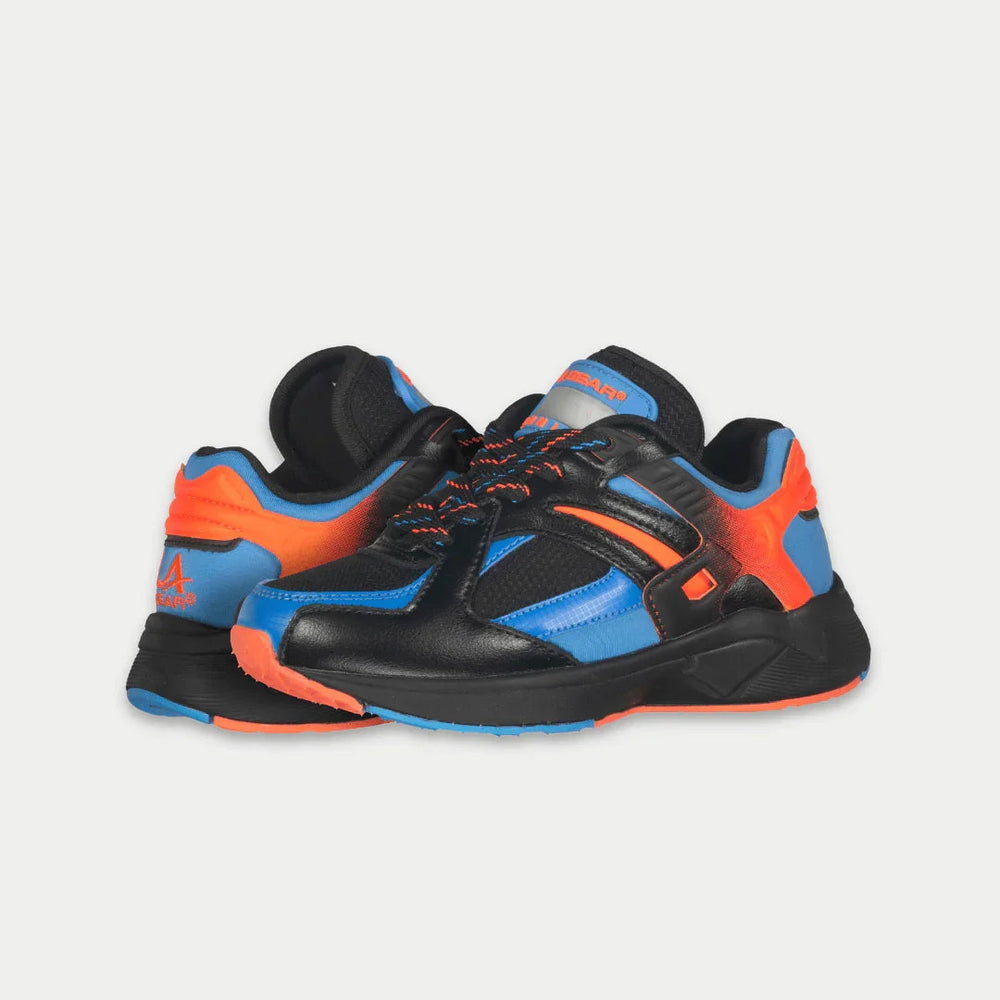 LA Gear kids lace-up sneakers in black with blue sides and bright orange heel details
