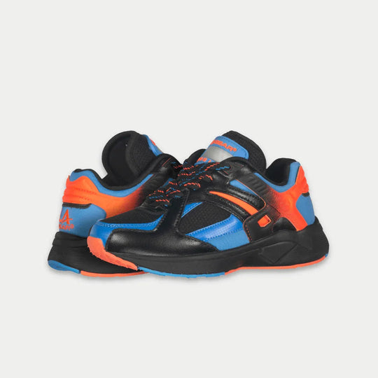 LA Gear kids lace-up sneakers in black with blue sides and bright orange heel details