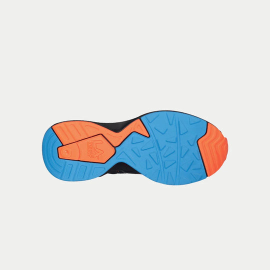 Kids sneaker outsole view: blue and orange tread pattern on a dark rubber base