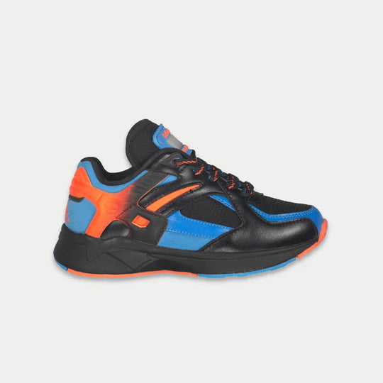 Kids lowtop sneakers, black upper with blue panels and orange accents, lace-up design