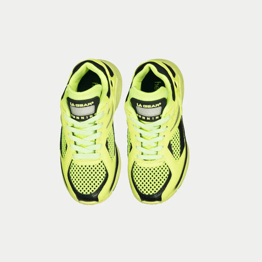 Kids sneakers front view: neon yellow uppers with black toe caps and lace-up closure
