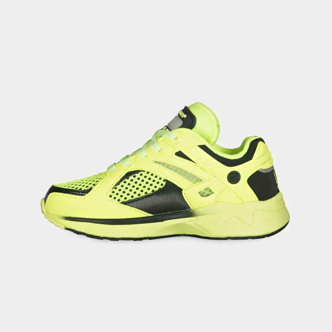 Neon yellow kids lowtop sneaker with black heel tab, lace-up front, and perforated side
