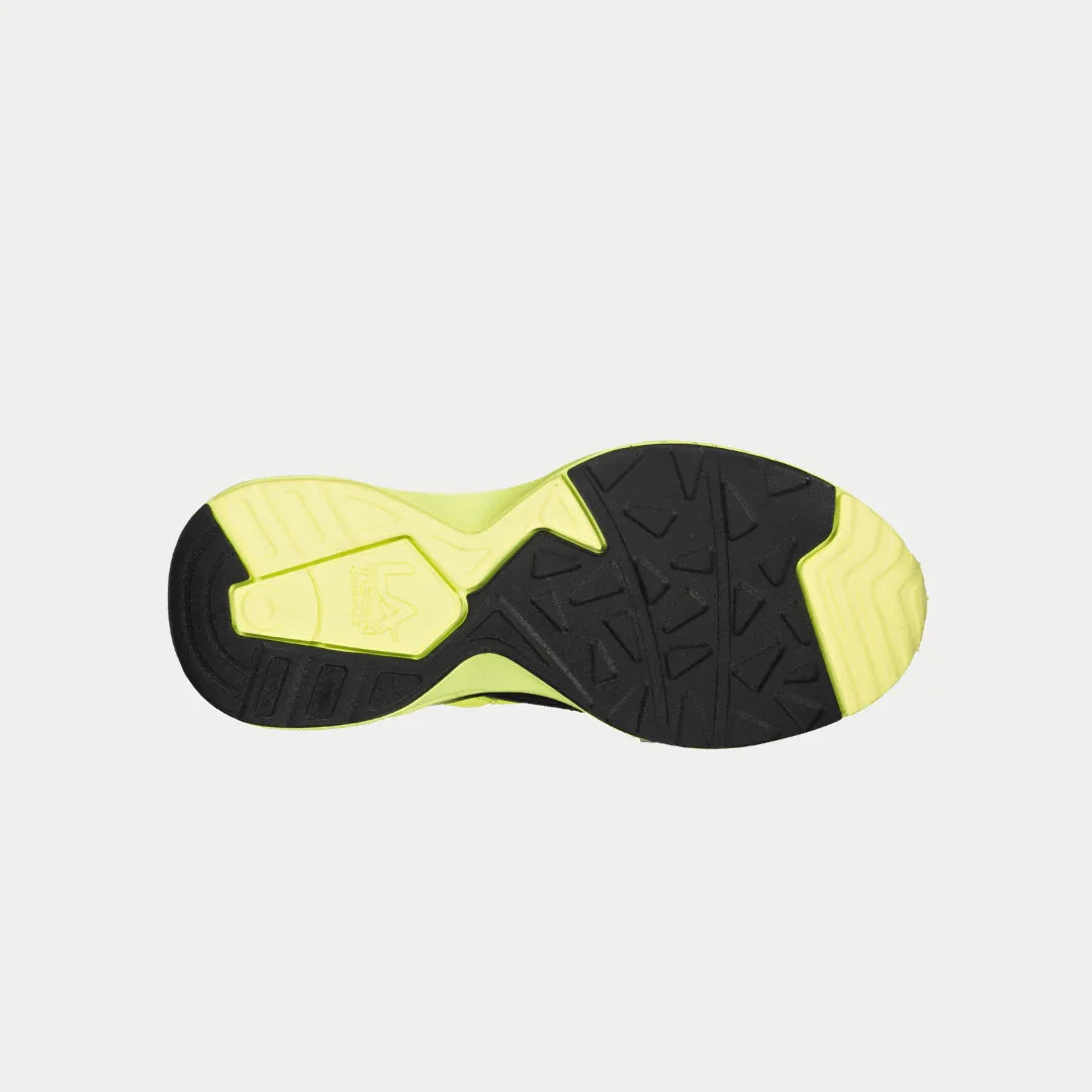 Pair of neon yellow kids sneakers from above, black perforated toe and side panels