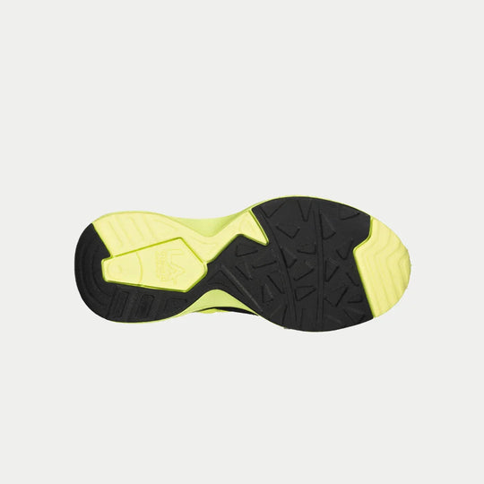 Pair of neon yellow kids sneakers from above, black perforated toe and side panels