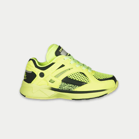 Kids light-up lowtop sneakers in neon yellow with black side panels and lace-up front