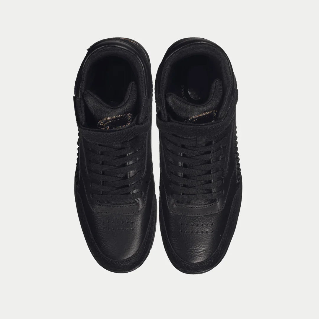 Black high-top sneakers front view, lace-up closure and padded collar