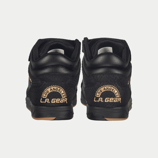 Black high-top sneakers back view with heel flame patch and gum sole