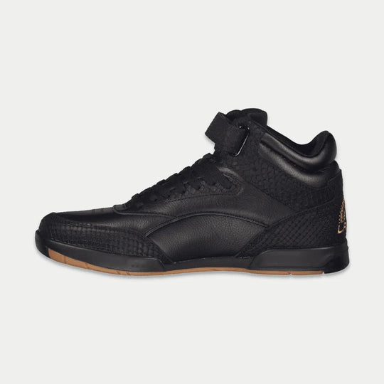 Black high-top sneaker side view with padded collar and textured toe box