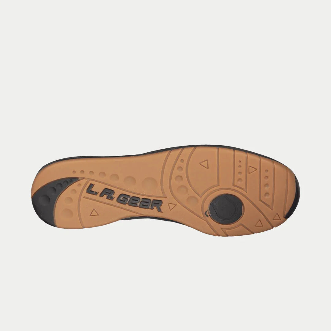 Outsole view of black high-top sneakers with LA Gear logo tread