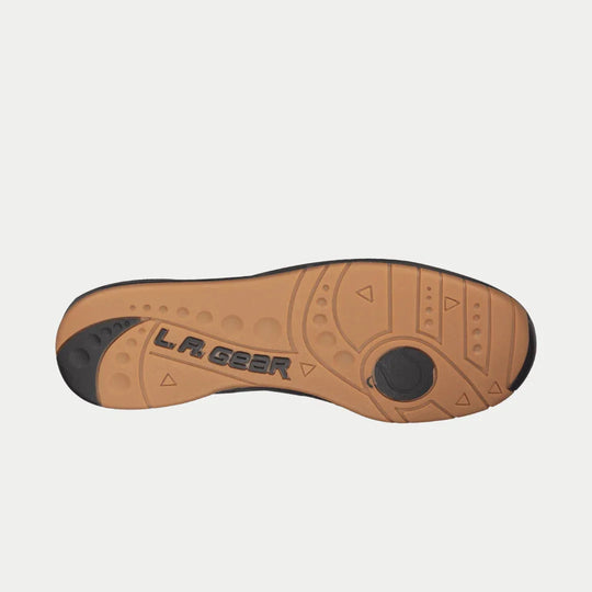 Outsole view of black high-top sneakers with LA Gear logo tread
