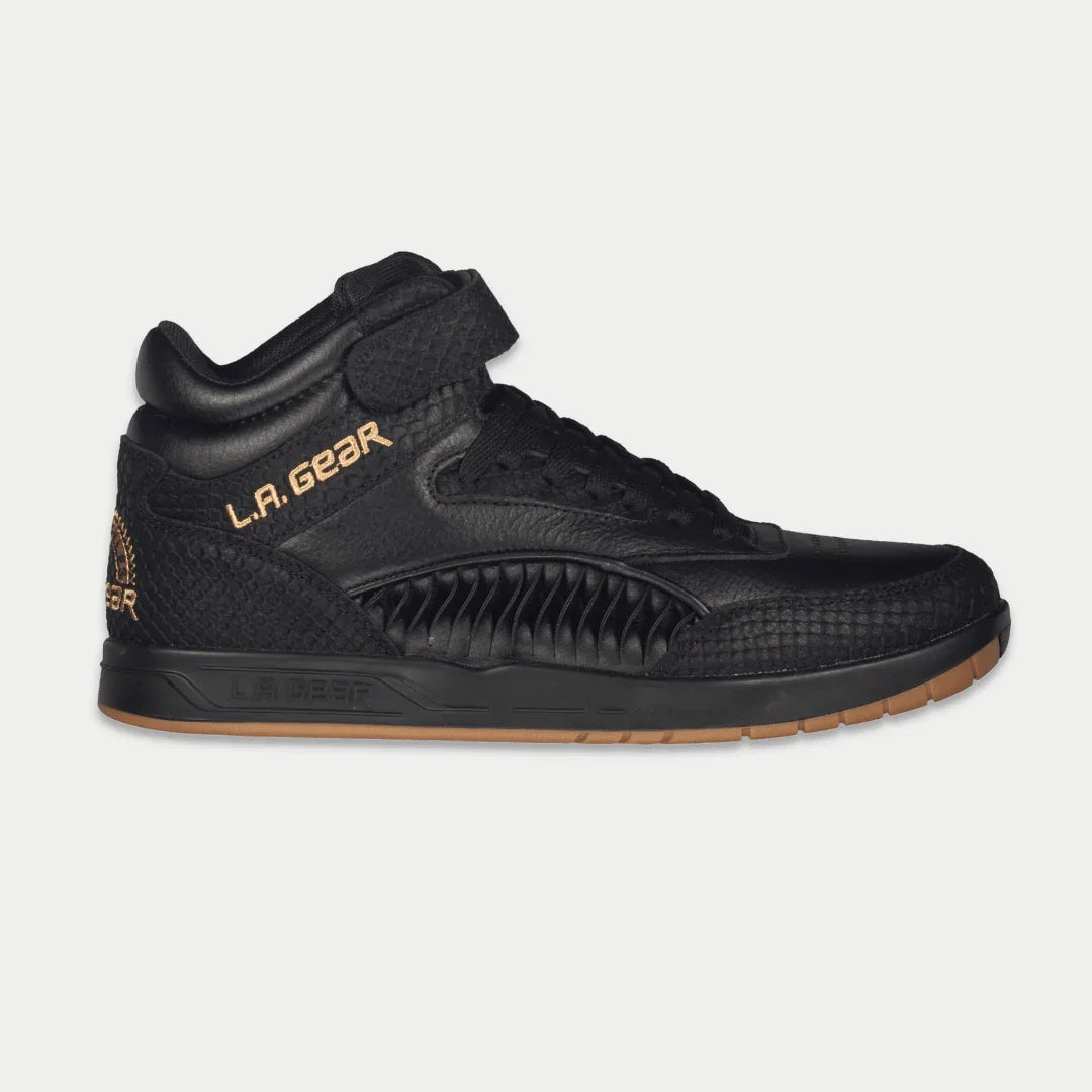 LA Gear Flame retro high-top sneakers, black, with flame logo and gum sole