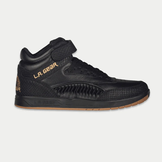 LA Gear Flame retro high-top sneakers, black, with flame logo and gum sole