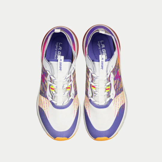 Damen Low-Top Sneaker Paar, weiße Spitze mit lila Saum und Neon-Grafik am Oberteil