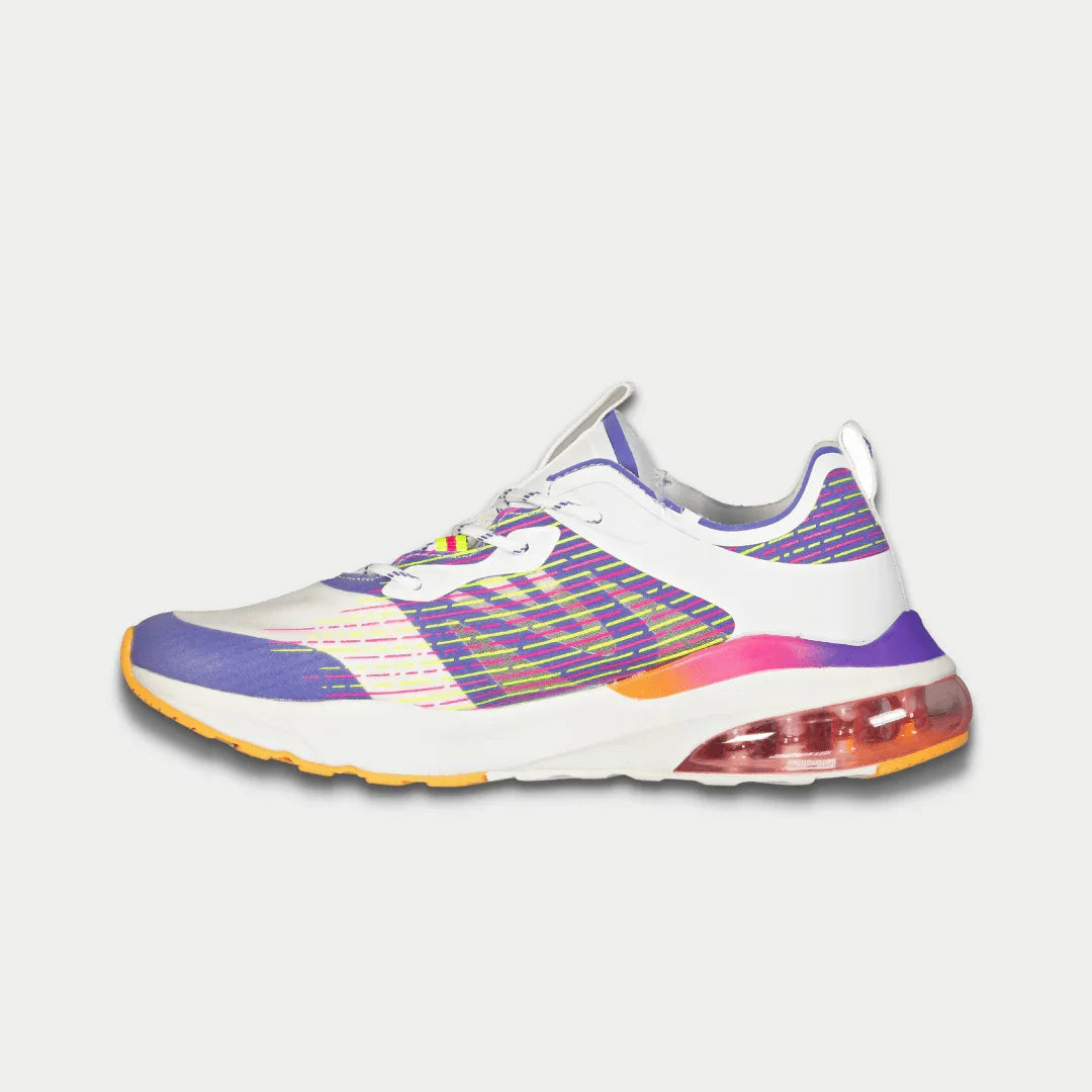 Damen Low-Top Sneaker Weiß/Lila/Orange, Vorderansicht mit sichtbarer Air-Laufsohle