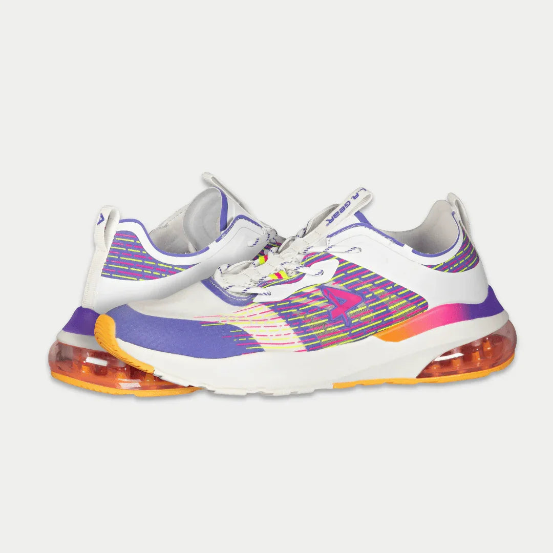 Damen Low-Top Sneaker Weiß/Lila/Orange, seitliche Ansicht mit gepolstertem Kragen
