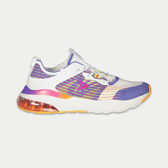 Damen Low-Top Sneaker in Weiß/Lila/Orange mit Neon-Grafik, Schnürung und Air-Sohle