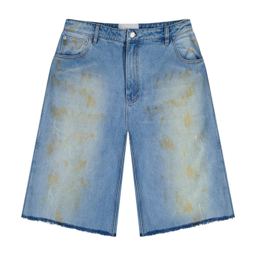 Light blue denim shorts with faded speckle wash, button fly, front pockets