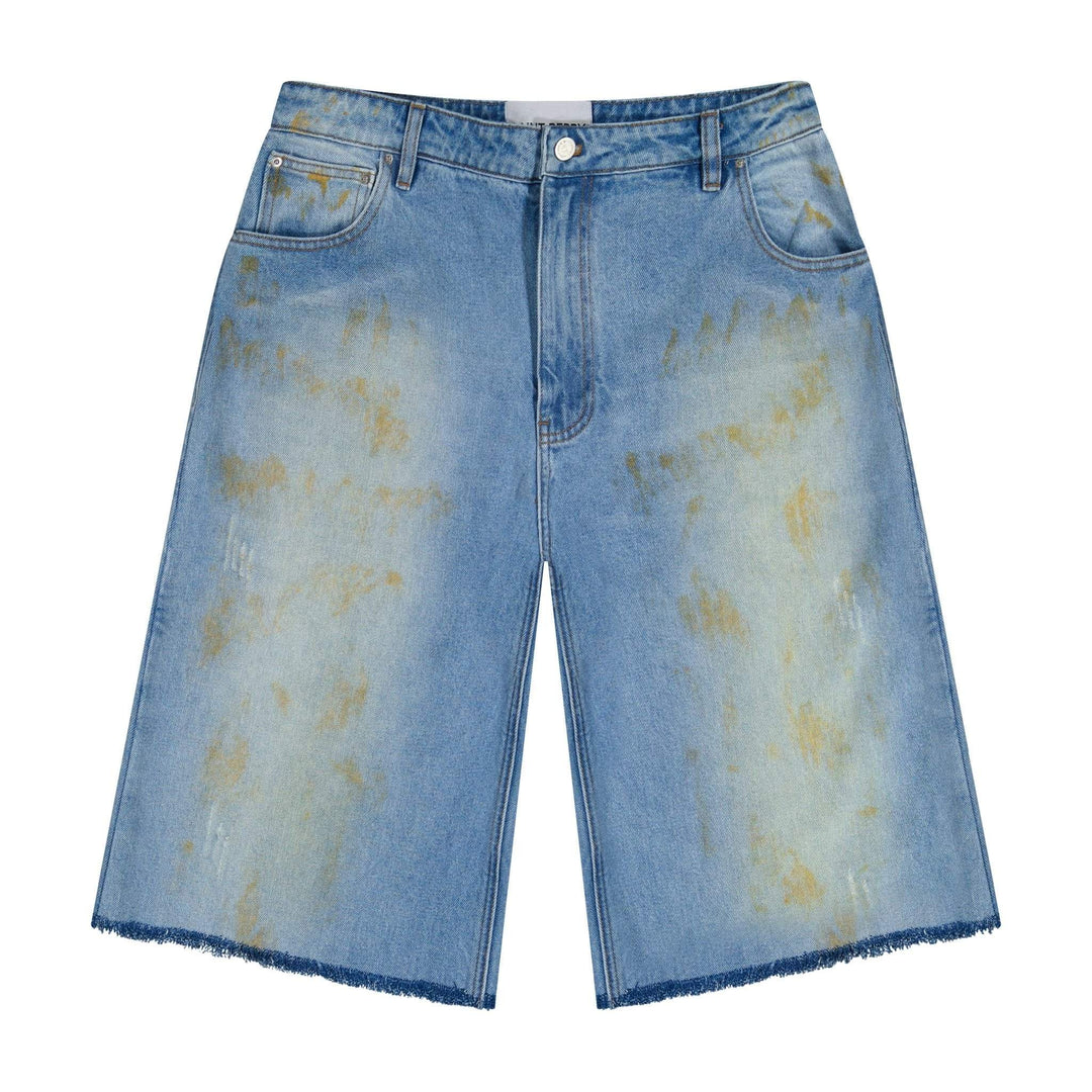 Light blue denim shorts with faded speckle wash, button fly, front pockets