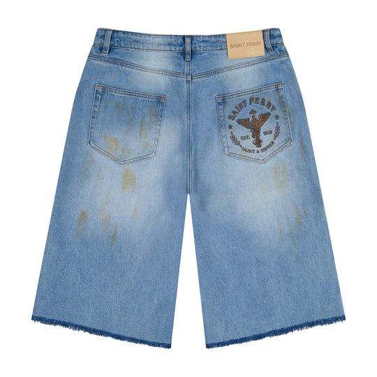 Back view denim shorts, light blue with faded patches, flap pockets, frayed hem
