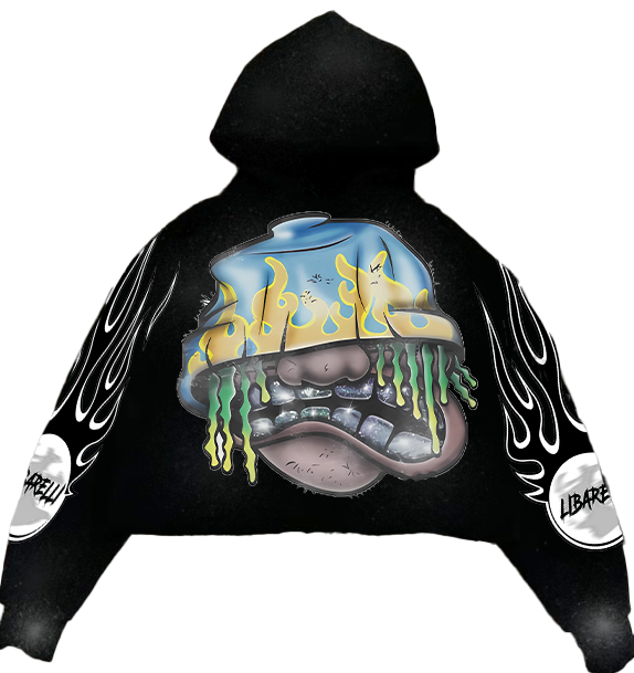 Black Rocky hoodie with hood graphic and flame-style sleeve print