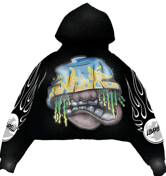Black Rocky hoodie with hood graphic and flame-style sleeve print