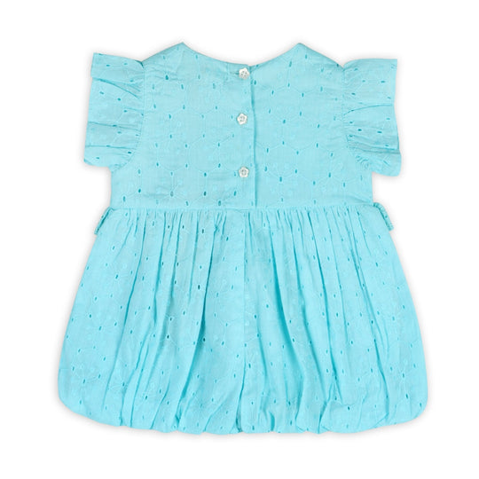 Aqua bubble romper with button back closure and gathered tiered skirt
