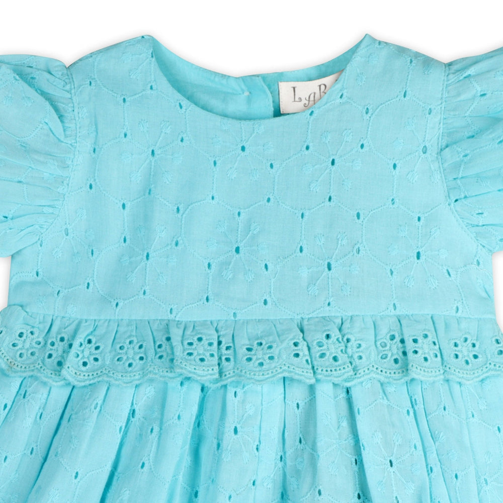 Aqua eyelet bodice romper with decorative lace trim and gathered waist