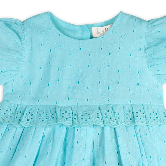 Aqua eyelet bodice romper with decorative lace trim and gathered waist