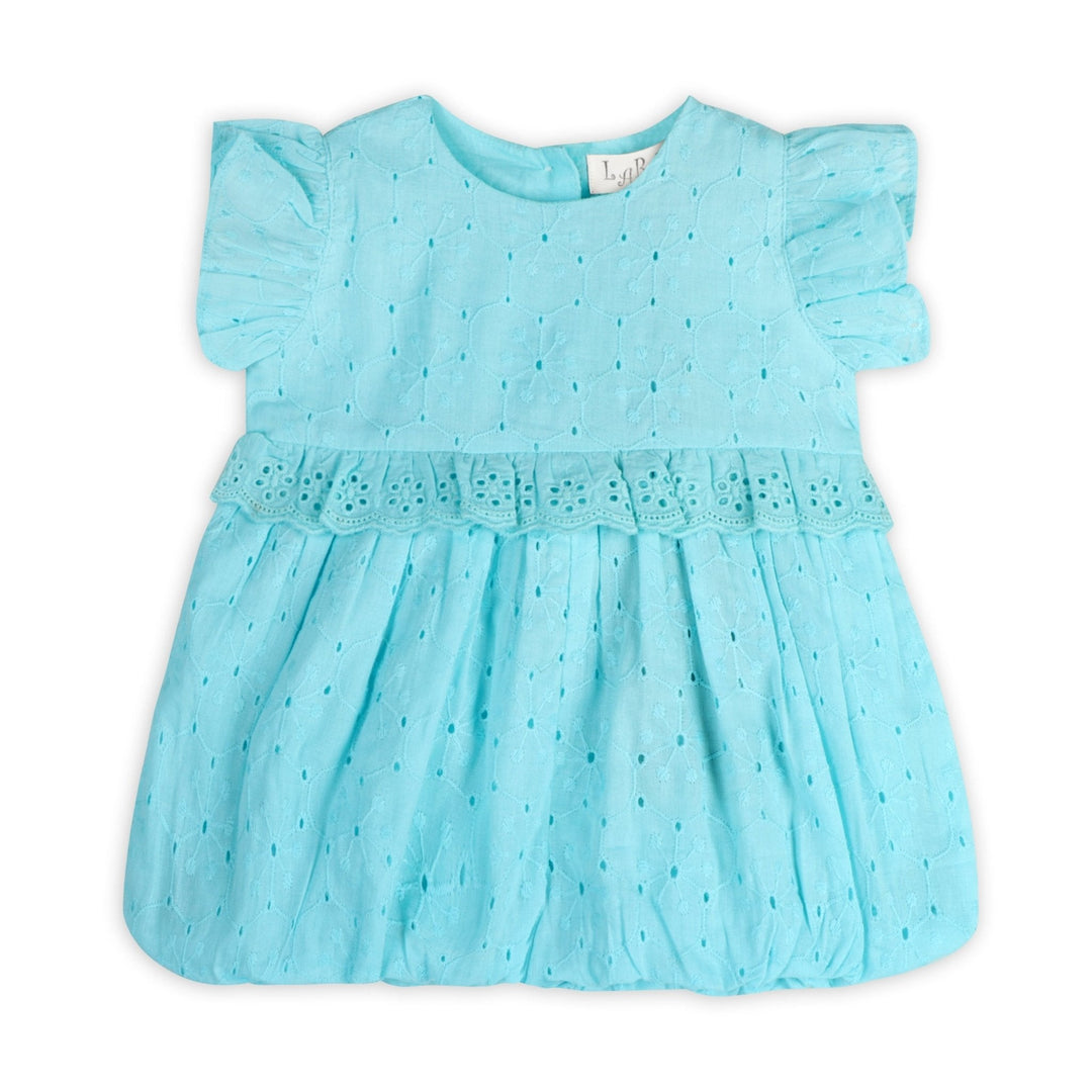 Aqua schiffli romper with eyelet texture, ruffled short sleeves and tiered skirt