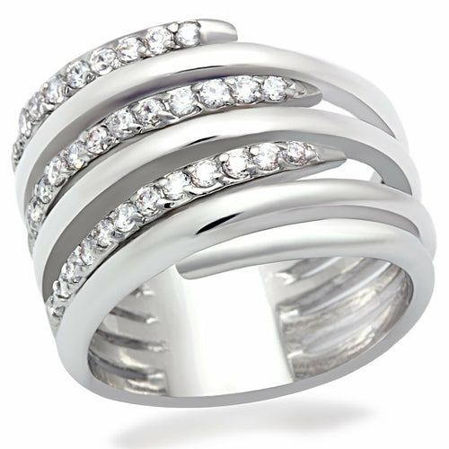 Rhodium CZ statement ring with rounded band and alternating clear stone rows