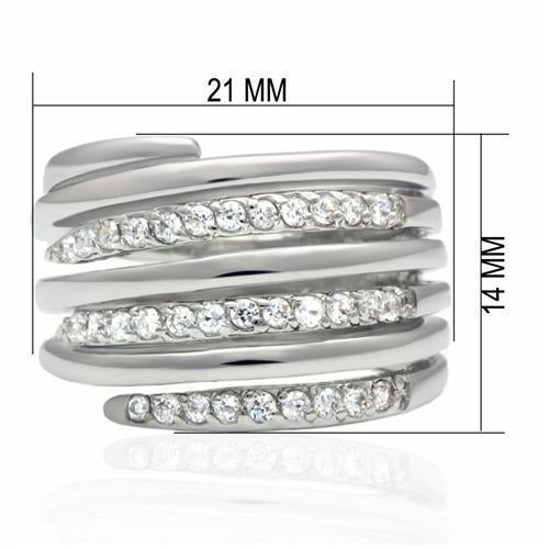 Rhodium ring size: 21 mm wide, 14 mm high; clear CZ rows on band