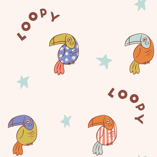 Fabric pattern: loop birds and stars on white with dark brown loop text
