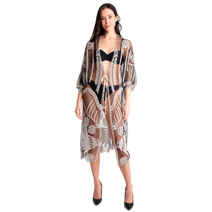 Black lace tie-knot closure kimono poncho, open front with floral pattern