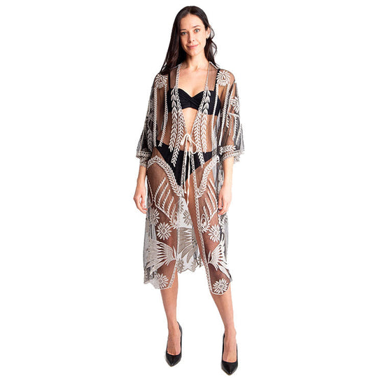 Black lace tie-knot closure kimono poncho, open front with floral pattern