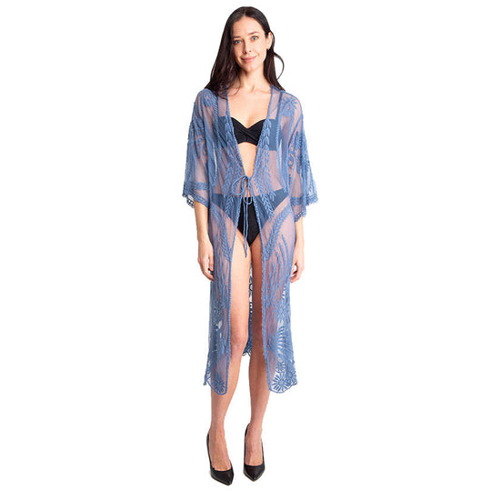 Denim blue lace kimono poncho with tie-knot closure, open front and scalloped hem