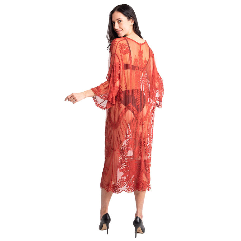 Red lace kimono poncho with tie-knot closure, sheer sleeves and floral pattern