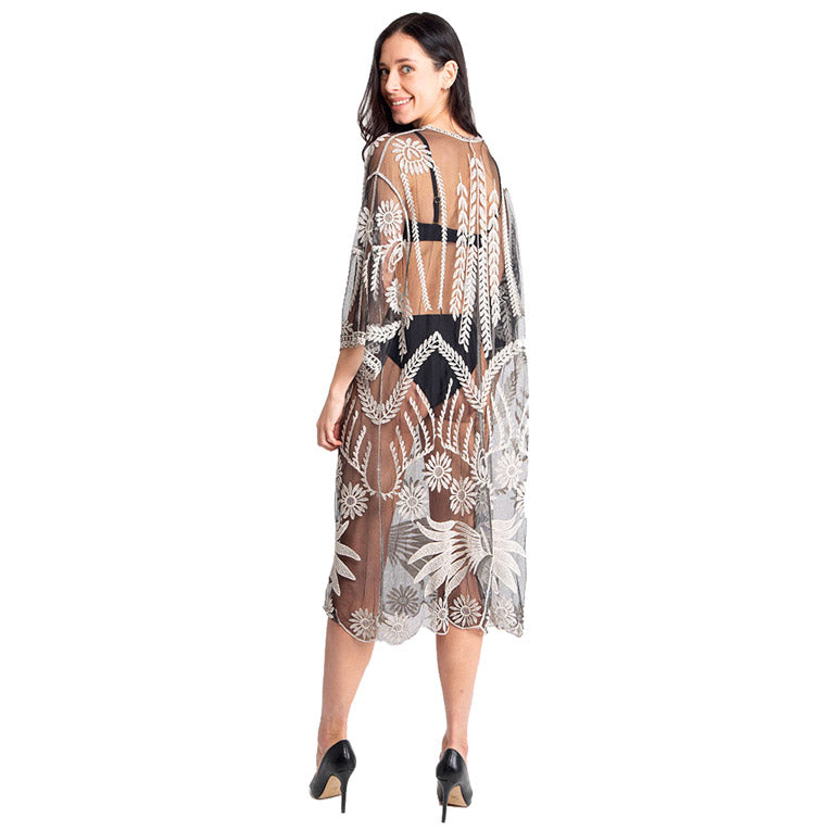 Dark lace kimono poncho with tie-knot closure and open front, floral motifs