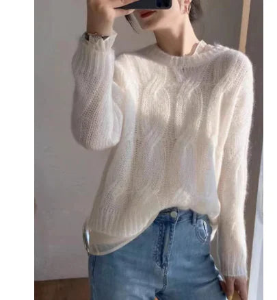 Women’s solid hollow knit pullover sweater, white, long sleeves and crew neckline