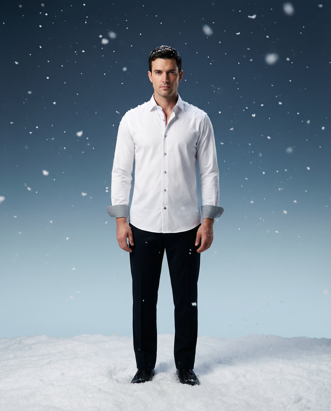 White button-up with contrast check cuffs and inner collar detail, tailored fit